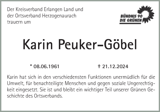 Traueranzeige von Karin Peuker-Göbel von Erlanger Nachrichten Lokal