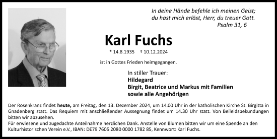 Traueranzeige von Karl Fuchs von Neumarkter Nachrichten Lokal