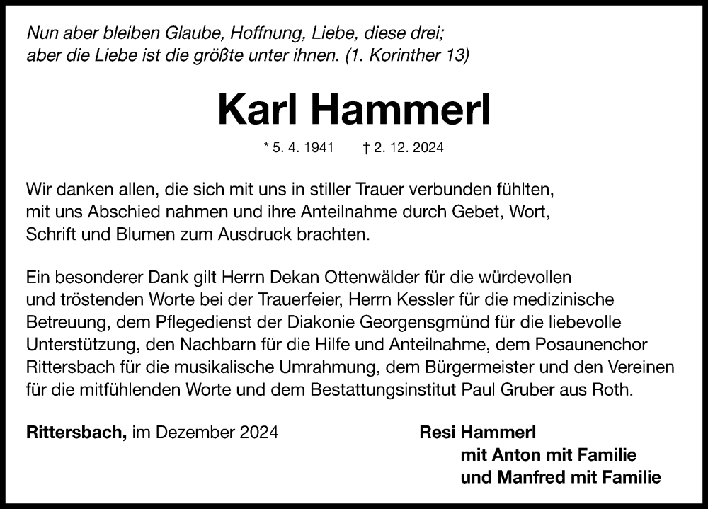  Traueranzeige für Karl Hammerl vom 14.12.2024 aus Roth-Hilpoltsteiner Volkszeitung Lokal