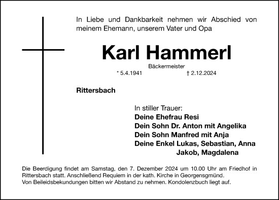 Traueranzeige von Karl Hammerl von Roth-Hilpoltsteiner Volkszeitung Lokal