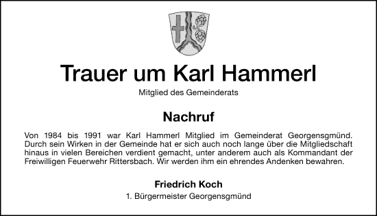 Traueranzeige von Karl Hammerl von Roth-Hilpoltsteiner Volkszeitung Lokal