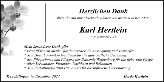 Traueranzeige von Karl Hertlein von Weißenburger Tagblatt u.Treuchtlinger Kurier Lokal