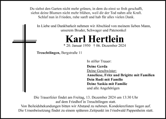 Traueranzeige von Karl Hertlein von Weißenburger Tagblatt u.Treuchtlinger Kurier Lokal