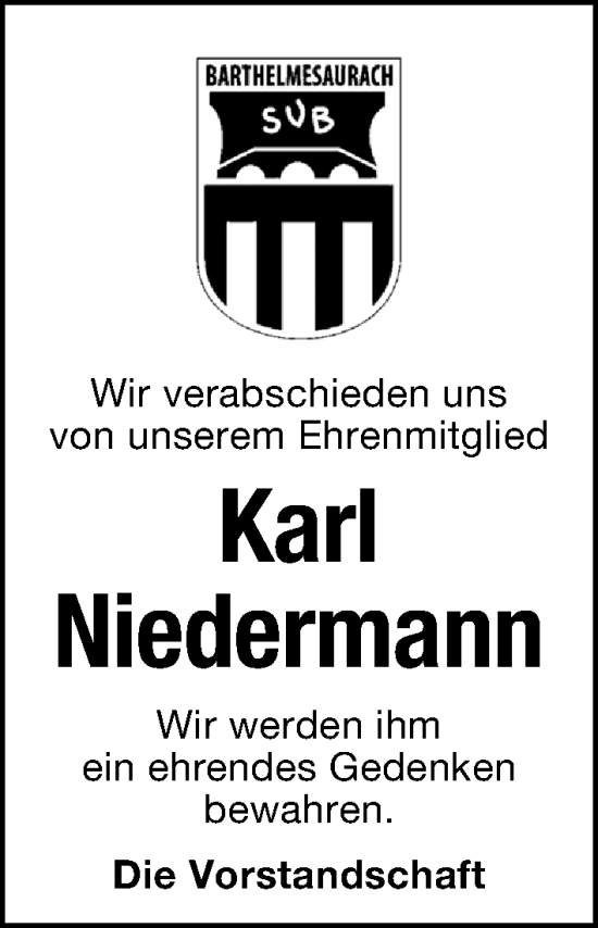 Traueranzeige von Karl Niedermann von Schwabacher Tagblatt Lokal