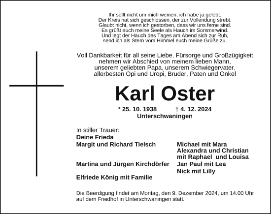 Traueranzeige von Karl Oster von Altmühl-Bote Lokal