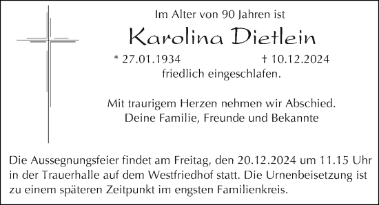 Traueranzeige von Karolina Dietlein von Gesamtausgabe Nürnberger Nachrichten/ Nürnberger Ztg.