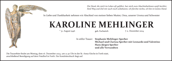 Traueranzeige von Karoline Mehlinger von Gesamtausgabe Nürnberger Nachrichten/ Nürnberger Ztg.