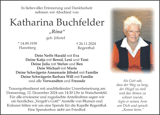 Traueranzeige von Katharina Buchfelder von Nordbayerische Nachrichten Pegnitz Lokal