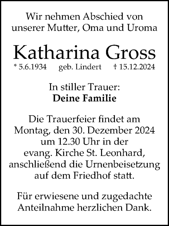 Traueranzeige von Katharina Gross von Gesamtausgabe Nürnberger Nachrichten/ Nürnberger Ztg.