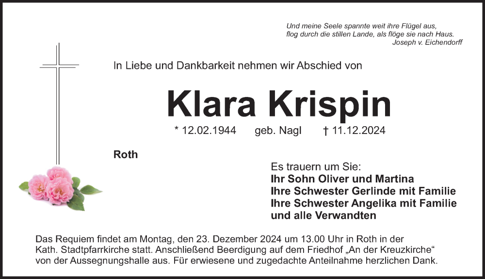  Traueranzeige für Klara Krispin vom 20.12.2024 aus Roth-Hilpoltsteiner Volkszeitung Lokal
