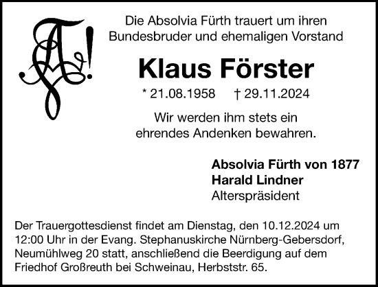 Traueranzeige von Klaus Förster von Fürther Nachrichten Lokal