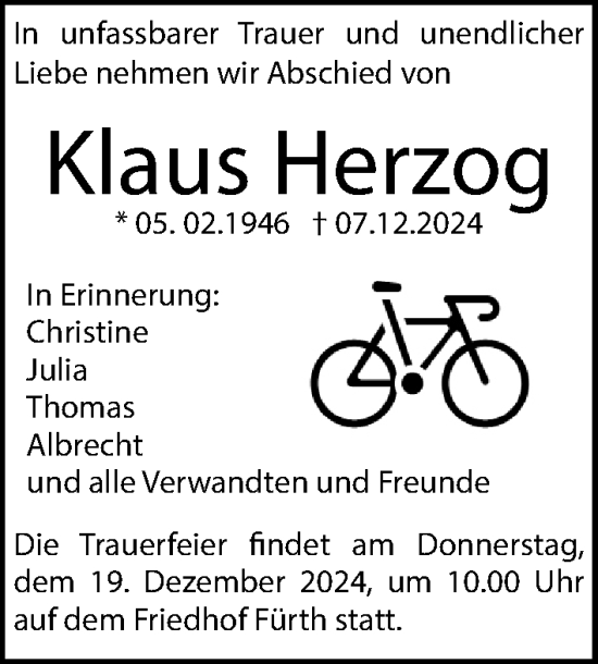 Traueranzeige von Klaus Herzog von Fürther Nachrichten Lokal