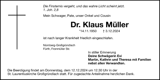 Traueranzeige von Klaus Müller von Gesamtausgabe Nürnberger Nachrichten/ Nürnberger Ztg.