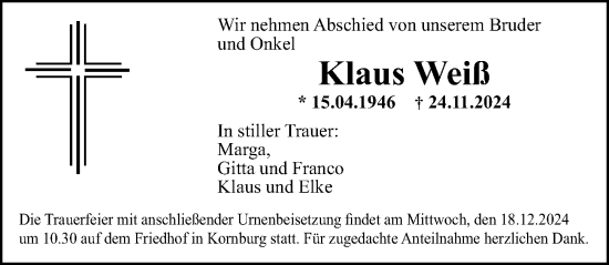 Traueranzeige von Klaus Weiß von Gesamtausgabe Nürnberger Nachrichten/ Nürnberger Ztg.