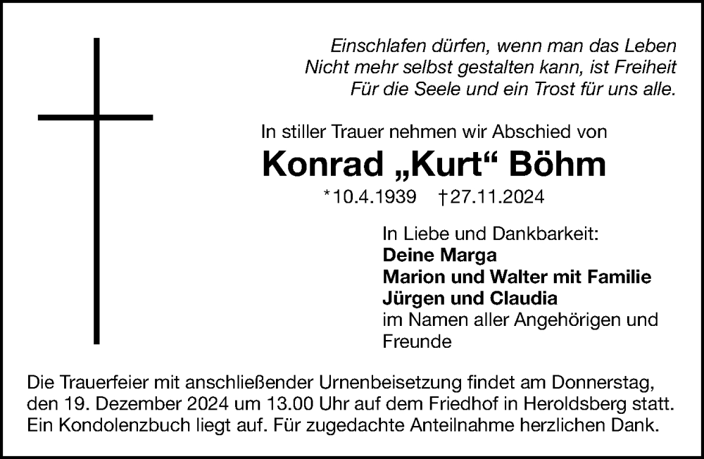  Traueranzeige für Konrad Böhm vom 14.12.2024 aus Gesamtausgabe Nürnberger Nachrichten/ Nürnberger Ztg.