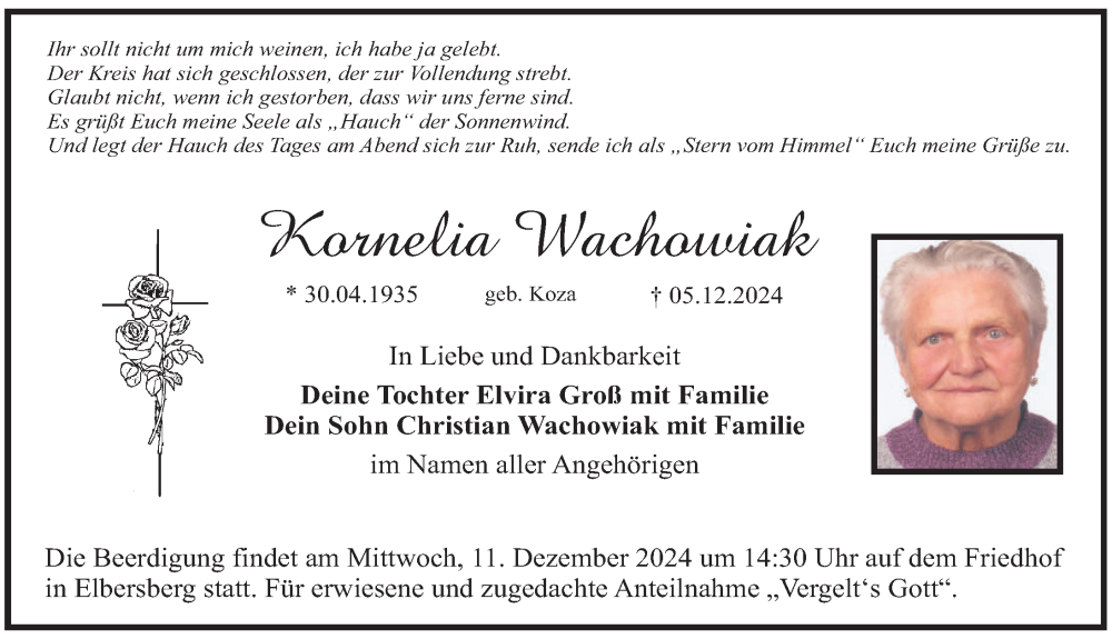  Traueranzeige für Kornelia Wachowiak vom 10.12.2024 aus Nordbayerische Nachrichten Forchheim Lokal