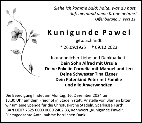 Traueranzeige von Kunigunde Pawel von Gesamtausgabe Nürnberger Nachrichten/ Nürnberger Ztg./ Fürther Nachrichten