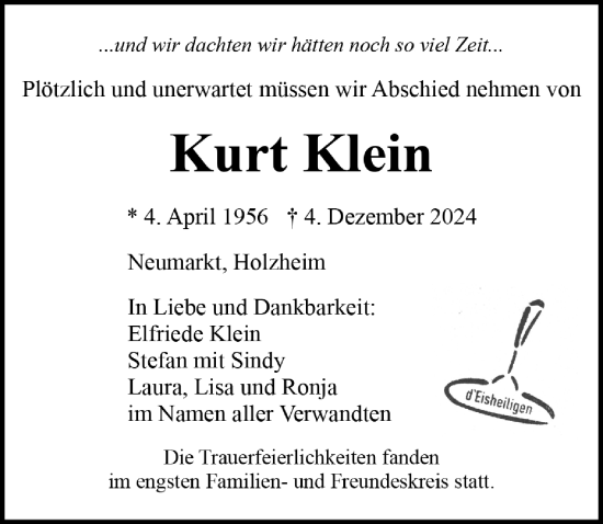 Traueranzeige von Kurt Klein von Neumarkter Nachrichten Lokal