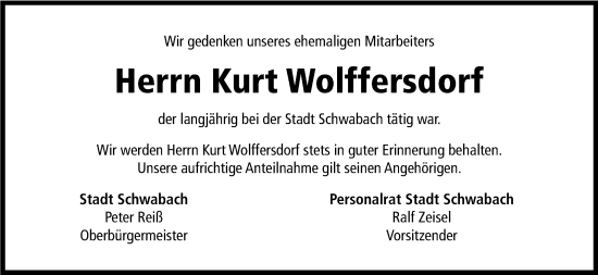 Traueranzeige von Kurt Wolffersdorf von Schwabacher Tagblatt Lokal