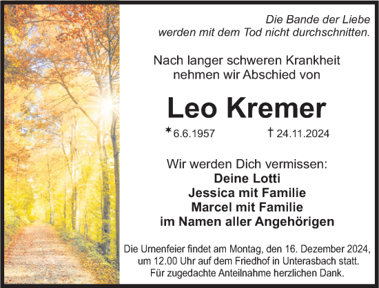 Traueranzeige von Leo Kremer von Fürther Nachrichten Lokal