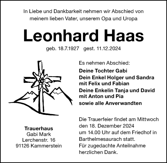 Traueranzeige von Leonhard Haas von Gesamtausgabe Nürnberger Nachrichten/ Nürnberger Ztg.