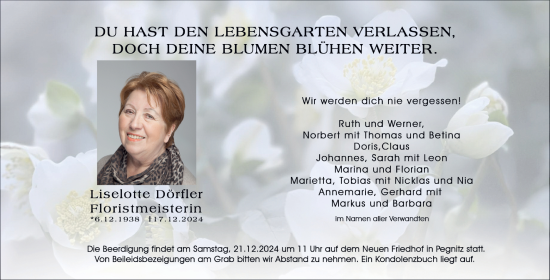 Traueranzeige von Liselotte Dörfler von Nordbayerische Nachrichten Pegnitz Lokal