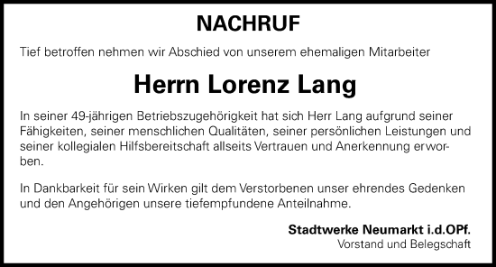 Traueranzeige von Lorenz Lang von Neumarkter Nachrichten Lokal
