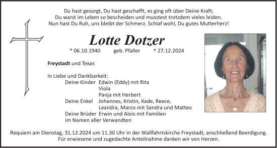 Traueranzeige von Lotte Dotzer von Neumarkter Nachrichten Lokal