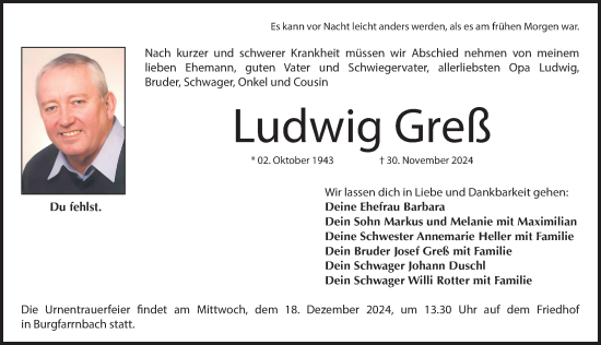 Traueranzeige von Ludwig Greß von Fürther Nachrichten Lokal
