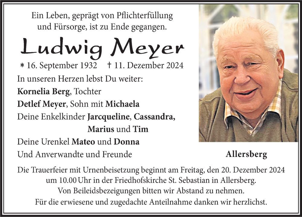  Traueranzeige für Ludwig Meyer vom 14.12.2024 aus Roth-Hilpoltsteiner Volkszeitung Lokal