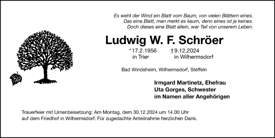 Traueranzeige von Ludwig W. F. Schröer von Fürther Nachrichten Lokal