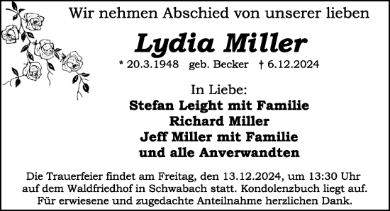 Traueranzeige von Lydia Miller von Schwabacher Tagblatt Lokal