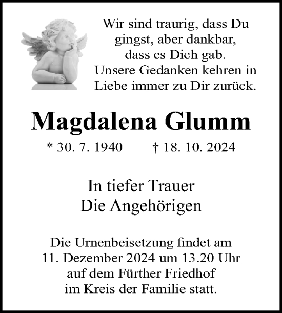 Traueranzeige von Magdalena Glumm von Fürther Nachrichten Lokal