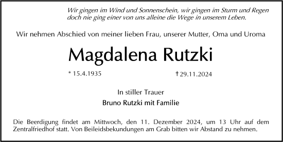 Traueranzeige von Magdalena Rutzki von Erlanger Nachrichten Lokal