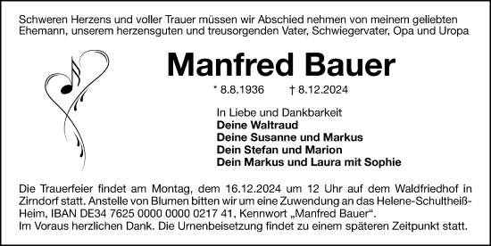Traueranzeige von Manfred Bauer von Fürther Nachrichten Lokal