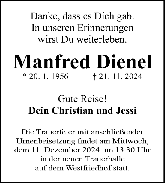 Traueranzeige von Manfred Dienel von Gesamtausgabe Nürnberger Nachrichten/ Nürnberger Ztg.