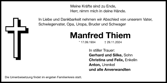 Traueranzeige von Manfred Thiem von Roth-Hilpoltsteiner Volkszeitung Lokal