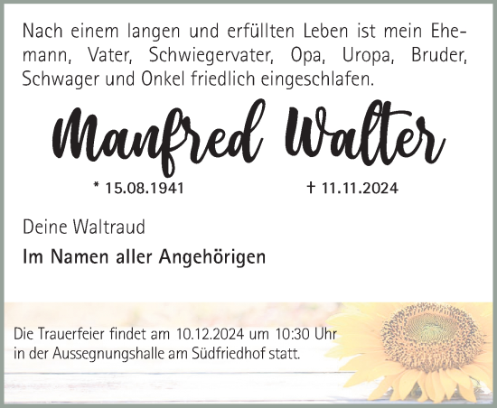 Traueranzeige von Manfred Walter von Gesamtausgabe Nürnberger Nachrichten/ Nürnberger Ztg.