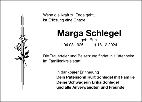 Traueranzeige von Marga Schlegel von Gesamtausgabe Nürnberger Nachrichten/ Nürnberger Ztg.