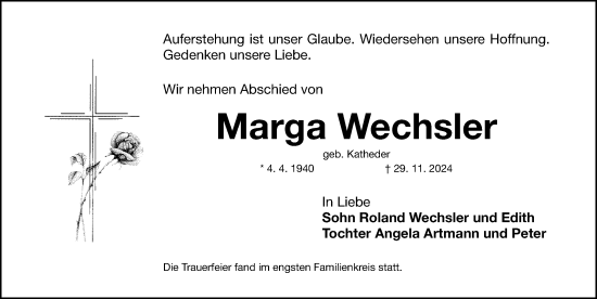 Traueranzeige von Marga Wechsler von Gesamtausgabe Nürnberger Nachrichten/ Nürnberger Ztg.