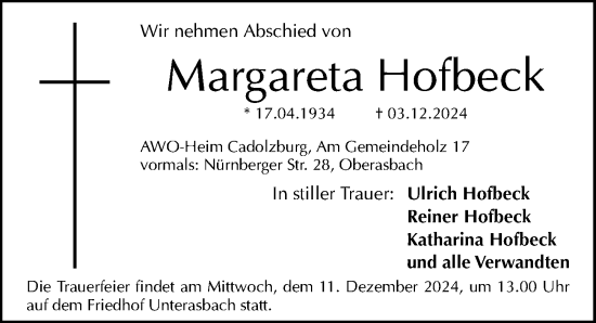 Traueranzeige von Margareta Hofbeck von Gesamtausgabe Nürnberger Nachrichten/ Nürnberger Ztg./ Fürther Nachrichten