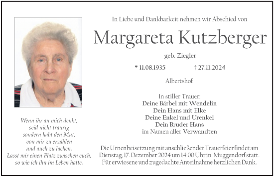 Traueranzeige von Margareta Kutzberger von Nordbayerische Nachrichten Forchheim Lokal