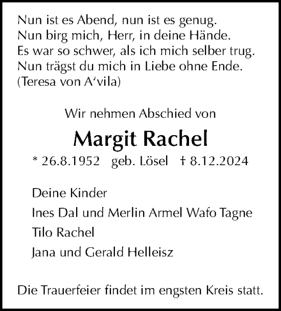 Traueranzeige von Margit Rachel von Gesamtausgabe Nürnberger Nachrichten/ Nürnberger Ztg.