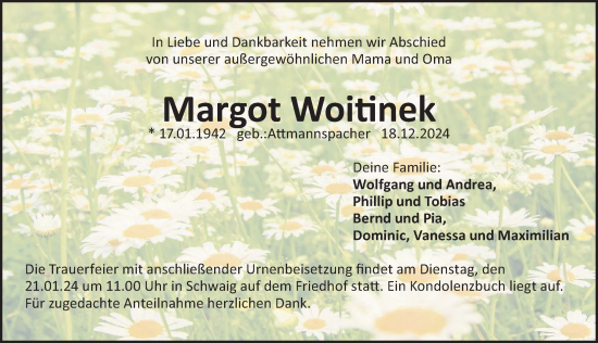 Traueranzeige von Margot Woitinek von Gesamtausgabe Nürnberger Nachrichten/ Nürnberger Ztg.
