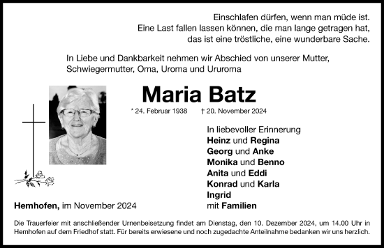 Traueranzeige von Maria Batz von Nordbayerische Nachrichten Herzogenaurach Lokal