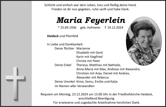 Traueranzeige von Maria Feyerlein von Roth-Hilpoltsteiner Volkszeitung Lokal