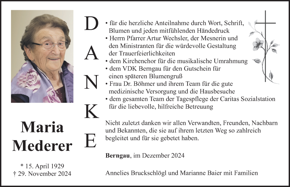  Traueranzeige für Maria Mederer vom 21.12.2024 aus Neumarkter Nachrichten Lokal