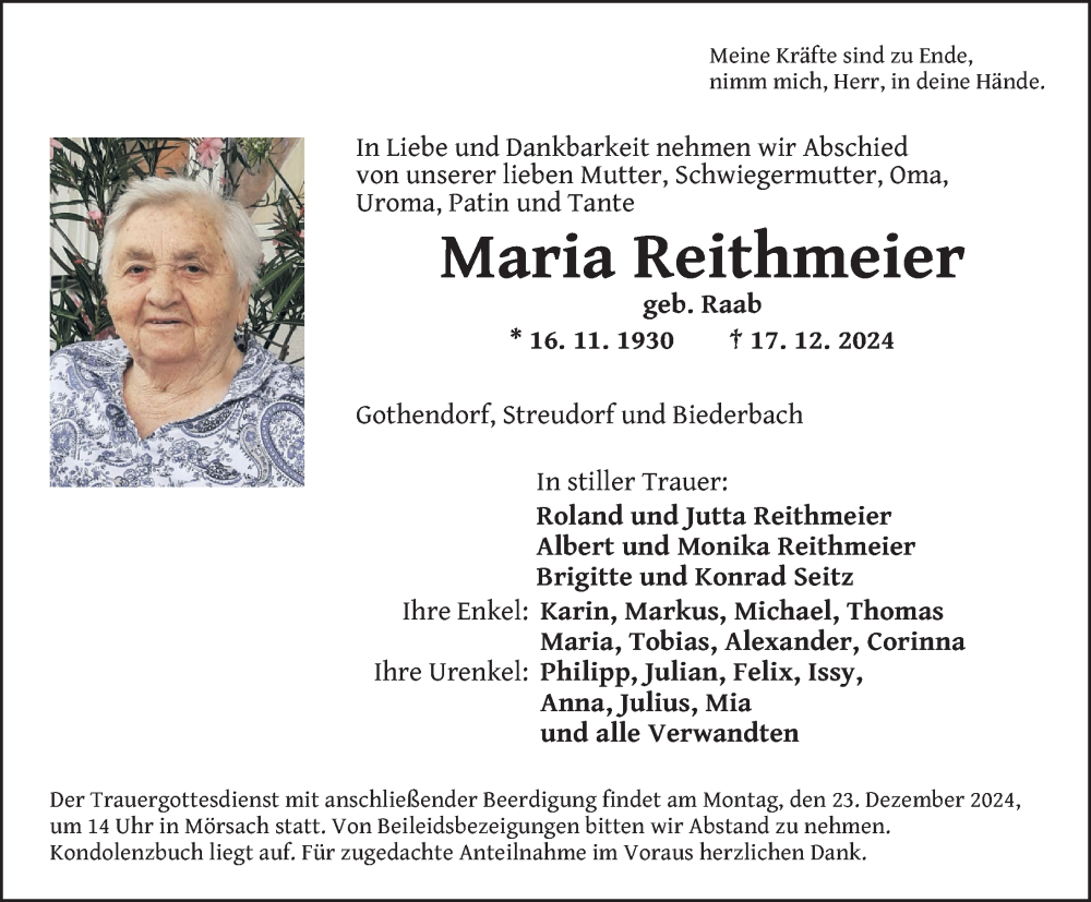  Traueranzeige für Maria Reithmeier vom 20.12.2024 aus Altmühl-Bote Lokal