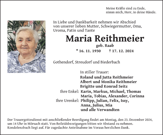 Traueranzeige von Maria Reithmeier von Altmühl-Bote Lokal