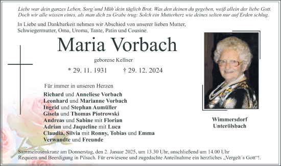 Traueranzeige von Maria Vorbach von Neumarkter Nachrichten Lokal